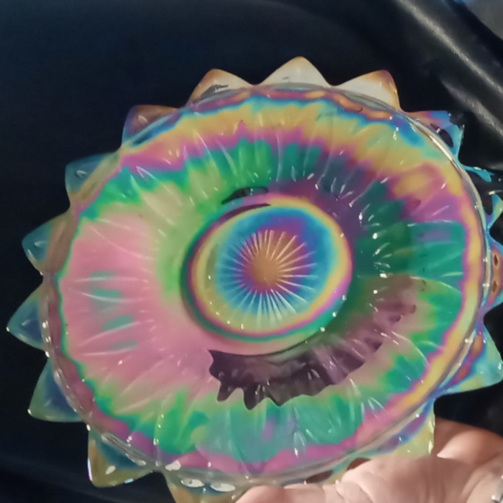 Vintage carnival glass platter federal glass star burst pattern, flower pattern